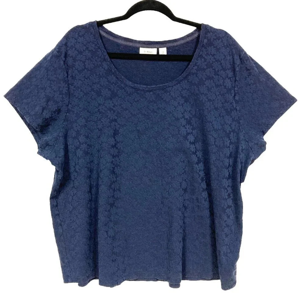 LL Bean Navy Blue Floral Textured‎ Top, Size 3X, Short-Sleeve T-Shirt, Casual